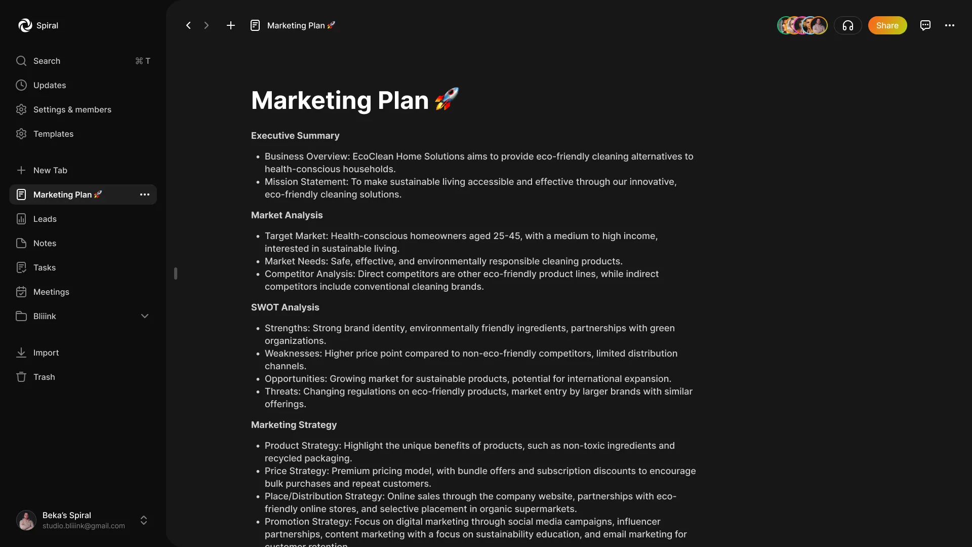A screen of a platform named as Spiral, where it shows task document view in collaborative mode
